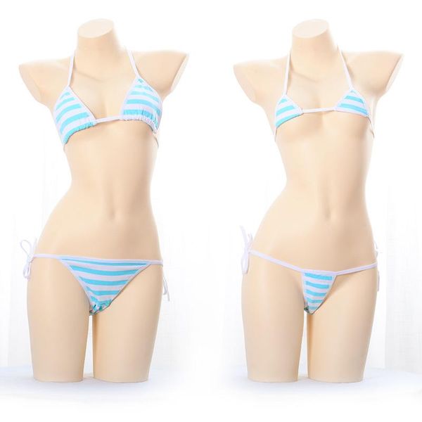 Lingerie japonaise Sexy Érotique Anime Miku Kawaii Mini Bikini Cosplay Bleu Blanc Rayé Lolita Soutien-Gorge Femmes Sous-Vêtements Ensemble Soutiens-gorge Sets156H