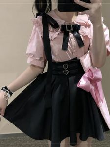 Japonais Lolita taille haute Mini Jupe à bretelles Y2k esthétique douce femmes solide Streetwear gothique Jk Saia Feminina Harajuku Jupe 240314