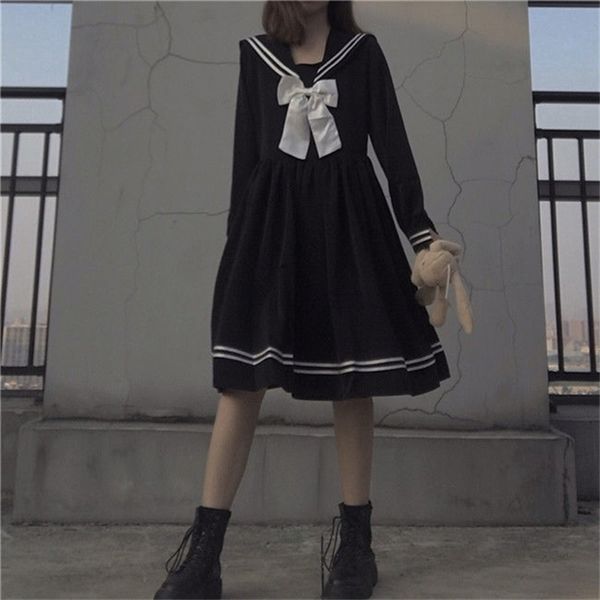 Japonais Lolita Kawaii Sweet Bowknot Robes à manches longues noir genou longueur marine Preppy Party femmes robe d'été vêtements robes 220316