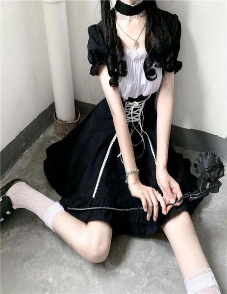 Japonais Lolita Mall Goth Dress Femmes Lace Up Up Punk Dark Academia Aesthetic Mini Robes Black Kawaii Gothic Vêtements
