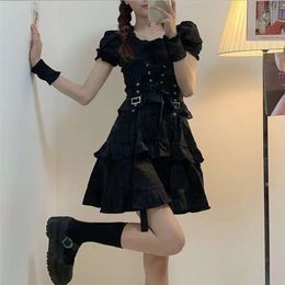 Mini robe de princesse Lolita japonaise noire, Sexy, mauvaise fille, Kawaii, taille haute, manches bouffantes, dentelle, volants, fête, Y k, Streetwear