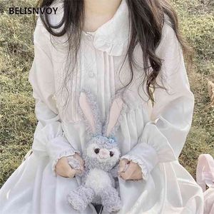 Japanse lolita stijl herfst vrouwen witte jurk Peter pan kraag tas prinses losse flare mouw chiffon schattige kawaii e 210520