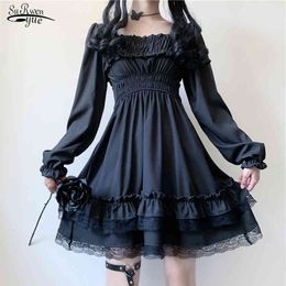 Japanse lolita stijl prinses zwarte mini jurk bladerdeeg mouw kant ruches partij es slash nek hoge taille gothic 12991 210521
