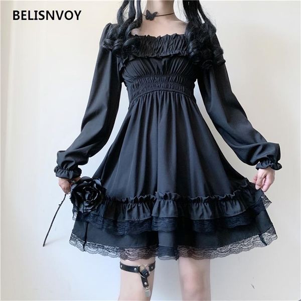 Style Lolita japonais femmes noir Mini robe col carré taille haute manches bouffantes gothique dentelle volants Cosplay es 210520