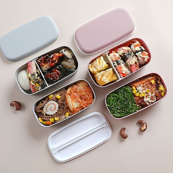 Fiambrera japonesa de plástico de doble capa sellada a prueba de fugas, contenedor de almacenamiento de alimentos, cajas Bento portátiles para microondas, caja de comida fresca para oficina de picnic RRA