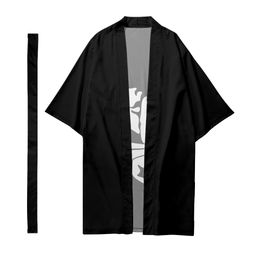 Japonais Men Black Imprimé Long Kimono Cardigan et pantalon Samurai Costume Vêtements asiatiques Veste kimono Yukata Haori Beach Mabe