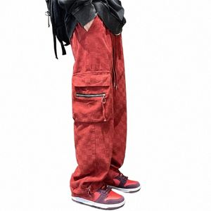 Japonais Chboard Checker Jeans Fi Street Hip Hop Lâche Droite Pantalon Large Couple Pantalon De Survêtement Rouge Noir n9Wv #