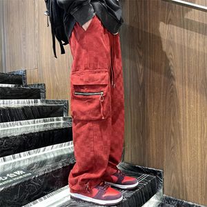 Japonais hommes échiquier damier Jeans mode rue Hip Hop lâche droite large jambe pantalon Couple survêtement pantalon rouge noir 240122