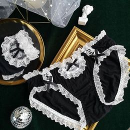 Sous-vêtements modaux japonais noir et blanc fille dentelle sous-vêtements taille moyenne coton femmes mignonnes kawaii lingerie culotte sexy 240320