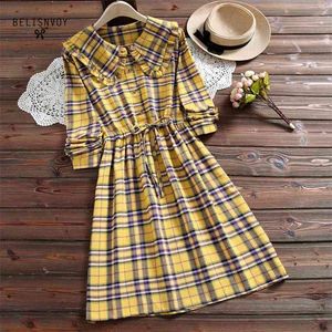Japanse mori meisje rood gele plaid vintage jurk lente herfst vrouwen zoete lolita vestidos lange mouw elegante jurken 210520