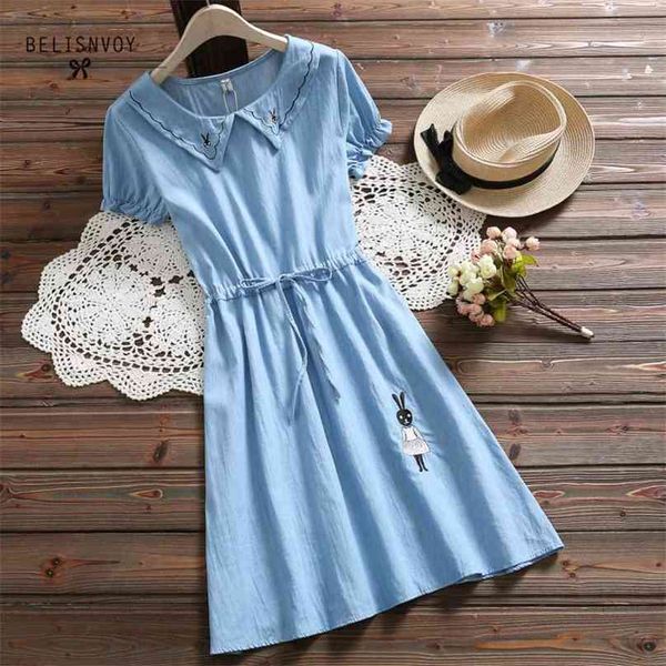 Japonais Mori Girl Summer Femmes Mignonne Robe Denim Coton Denim Dentelle Vestine Rabbit Broderie Élégantes Robes Sweet Kawaii 210520