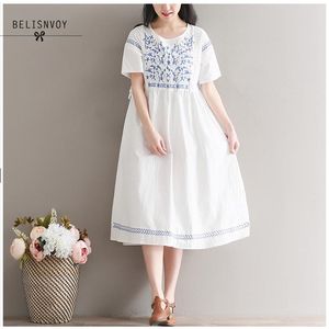 Japanse mori meisje zomer vrouwen witte jurk katoen linnen casual losse midi elegante bloemen borduurwerk vintage zoete 210520