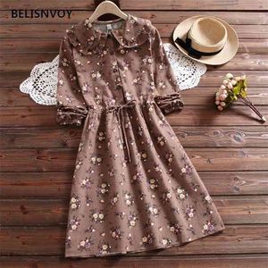 Japonais Mori Girl Sweet Automne Printemps Femmes Robes Volants Peter Pan Col Robe Mujer Floral Imprimé Kawaii Robe 210520