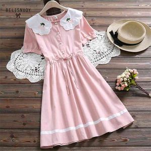 Japanse Mori Girl Sweet Summer Dress Blue Pink Women Short Seve Floral Embroidery Cotton Linnen Sundress voor schoolmeisjes 210520