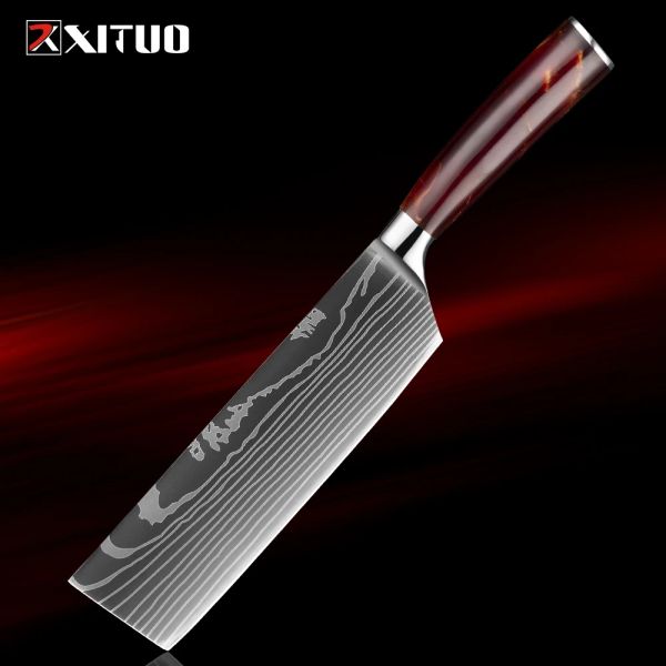 Couteau japonais nakiri chef, couteau de cuisine légume à 7 pouces pro, couteau de cuisine laser damas allemand