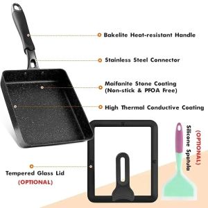 Japanse omeletpan / tamagoyaki -pan, anti -aanbak rechthoek mini -ei koekenpan - optionele deksel spatel / aluminiumlegering
