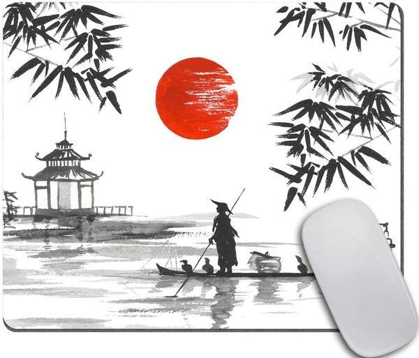 Peinture japonaise Bambou Art Homme avec Bateau Tapis de Souris Tapis de Souris Personnalisé Rectangle Tapis de Souris en Caoutchouc Antidérapant 9.5x7.9 Pouces