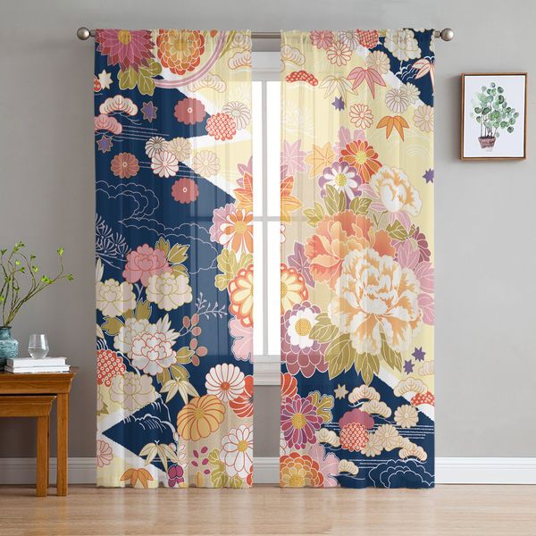 Motif japonais Flower Art Window Rideaux Salon Curtains en tulle Décor de cuisine