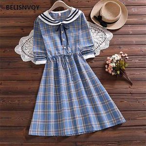 Japanse preppy stijl vrouwen lente herfst jurk zeemans kraag boog blauw plaid baggy lange mouw elegante zoete schattige es 210520