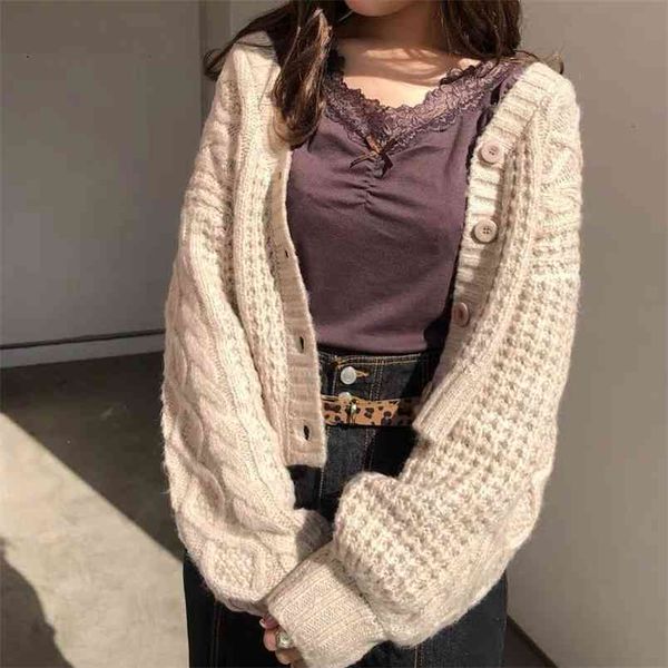 Japonés puff manga suéter cardigan chaqueta mujer corto cuello pico top rombo giro tejido pequeño chal 210427