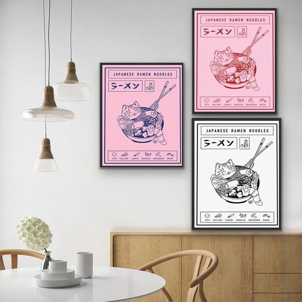 Lienzo de ramen japonés pintura animal gato carteles de dibujos animados y estampados imagen de pared fideos alimentos para niños decoración de comedor para el hogar wo6