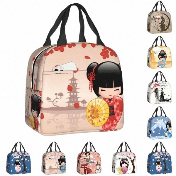 Japonais Rouge Sakura Kokeshi Doll Sac à lunch isolé pour les femmes Réutilisable Mignon Girly Cherry Blossom Thermal Cooler Lunch Box V7tN #