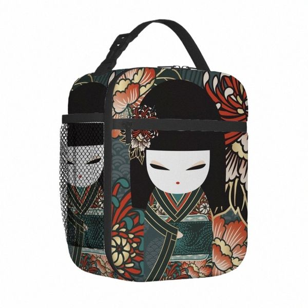 Japonais rouge Sakura Kokeshi poupée Portable feuille d'aluminium épaissi sac à déjeuner isolé étanche sac fourre-tout à déjeuner isolé r84d #