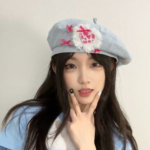 Bérets en Denim rétro japonais pour femmes montrent le visage des petites filles millénaires printemps et été rose amour arc doux peintre chapeaux