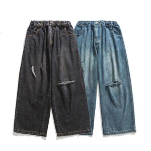 Japonais Retro poids lourd lavé en jean à trous coupés à la main, pantalon long de la jambe large lâche pour hommes et femmes, pantalon papa décontracté