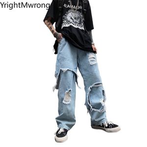 Japonais Ripped Hole Denim Pant Harajuku Streetwear Hip Hop Femme Homme Plus Baggy Lâche Droite Noir Bleu Jeans Punk Survêtement 210716