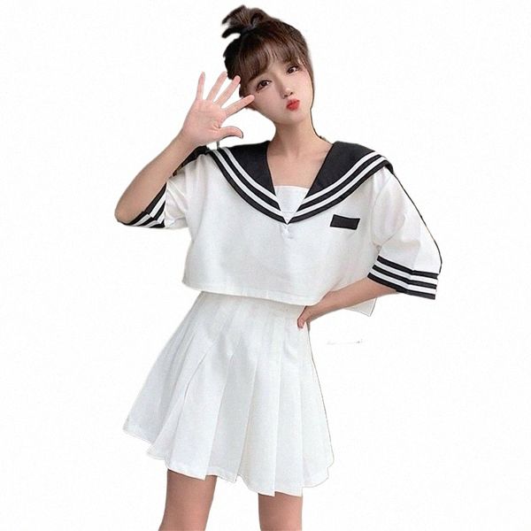 Uniforme japonés con cuello de marinero para adolescentes, Tops Kawaii, camisa, falda plisada, ropa escolar coreana Sexy, conjunto de dos piezas para fiesta d421 #