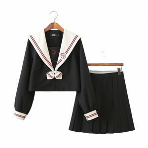 Costume de marin japonais Lg manches JK uniformes scolaires ensembles pour filles chemise blanche et jupe plissée bleu foncé costumes étudiant Cosplay h3Rm #