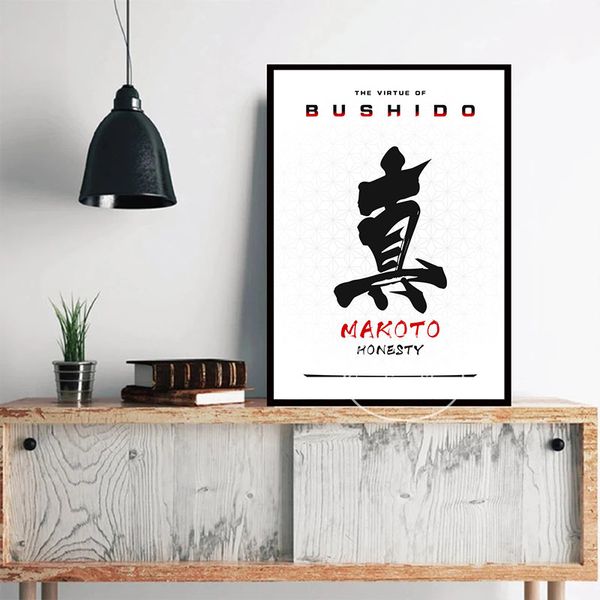Samurai japonais 7 vertus de Bushido Poster Quotes Japan Kanji Samurai Wall Art Toivas Impression Impression pour le salon DÉCOR HOME