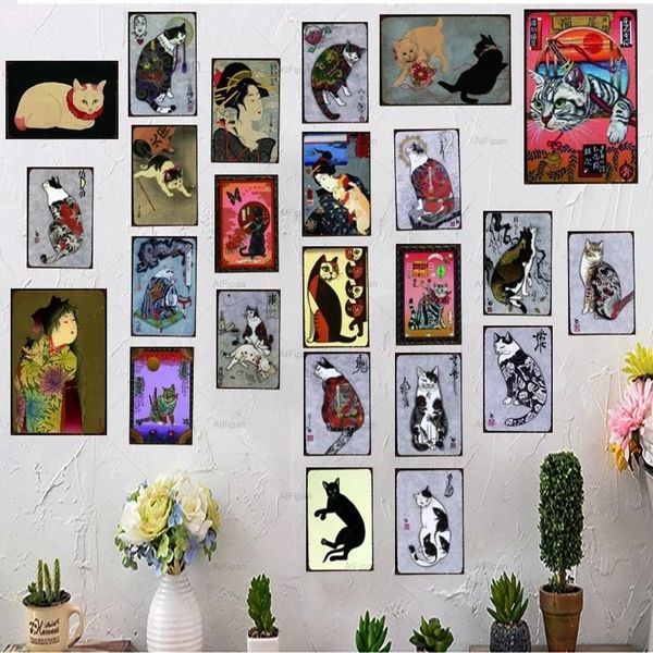 Japonés Samurai Cat Poster Tattoo Cat Metal Painting Pet Sign Metal Animal Tin Sign Placas Vintage para Wall Art Retro Home Decor pintura personalizada 30X20CM w01