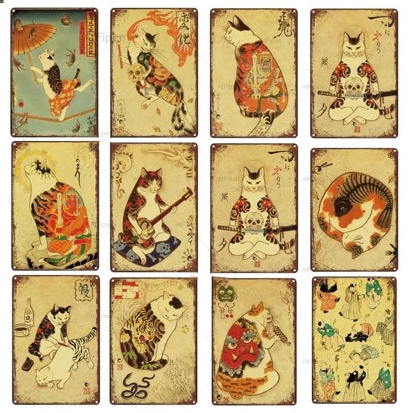 Samouraï japonais chat affiches tatouage chat peinture en métal signe pour animaux de compagnie métal signe en étain animal plaques vintage pour art mural rétro décor à la maison peinture personnalisée 30X20CM w01