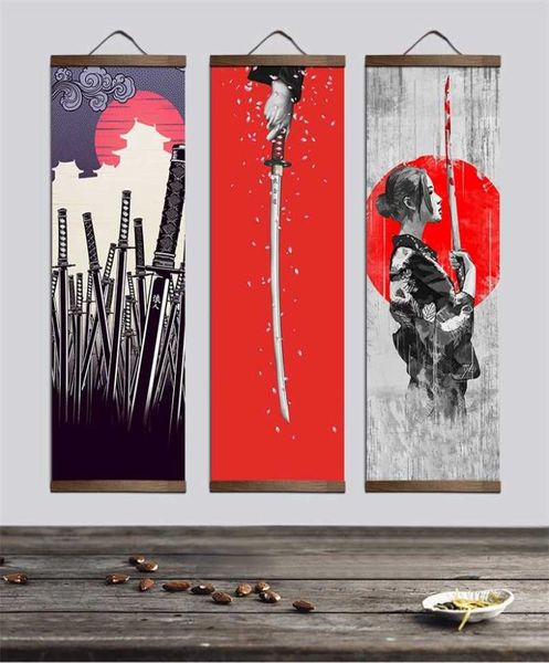 Japonese Samurai Ukiyoe para carteles de lona y estampados Pintura de arte de la pared Decoración del hogar con Wood Sold Wood Hanging Scroll 211024056468