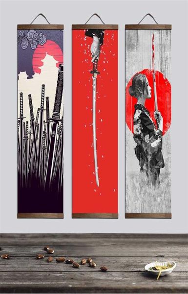 Samurai japonés Ukiyoe para carteles e impresiones en lienzo, pintura decorativa, arte de pared, decoración del hogar con pergamino colgante de madera maciza 211026545391