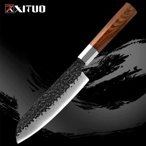Couteau japonais Santoku 7 pouces en acier de haut carbone à main au couteau forgé de cuisine couteau de chef couteau à hachage avec poignée octogonale