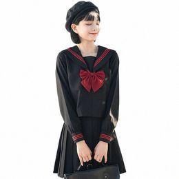 Japonais School Girl Cosplay JK Uniforme Étudiant Noir Rouge Sailor Costumes Outfit Sexy Seifuku Sailor Blouse Jupe Plissée Costume k0ZI #