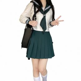 Japonais School Girl Uniforme XS-XL JK Vert Marin Basic Carto Trois Lignes Marin Uniformes Ensembles Marine Costume Femmes Fille Costume L3so #