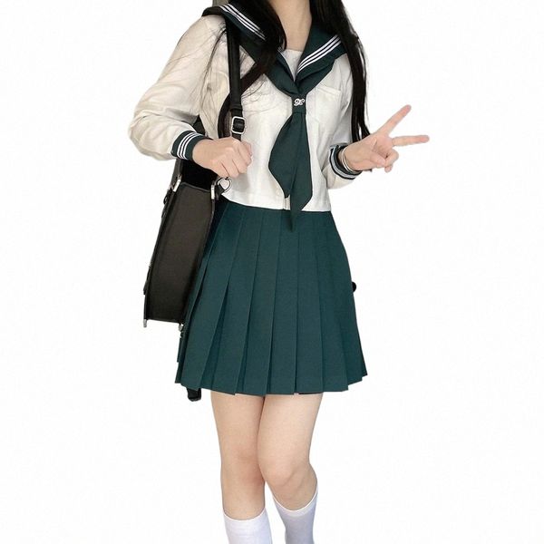 Uniforme escolar japonés XS-XL JK Marinero verde Básico Carto Tres líneas Conjuntos de uniformes de marinero Traje azul marino Traje de niña para mujer L3so #