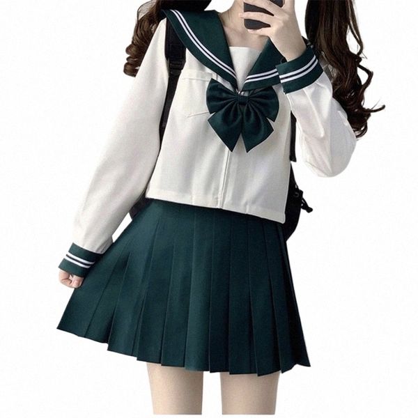 Escuela japonesa JK Uniforme Chica S-XXL Kawai Arco Verde Marinero Cuello Camisa Falda plisada Traje Mujeres Estilo Preppy Halen Ropa u1II #