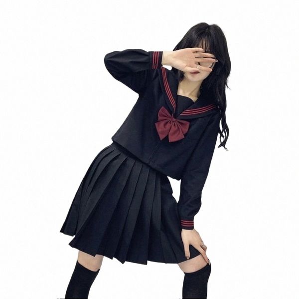 Uniforme scolaire japonais pour filles, grande taille, costume Jk, cravate rouge, trois uniformes de marin de base pour femmes, costume à manches Lg C8XM #