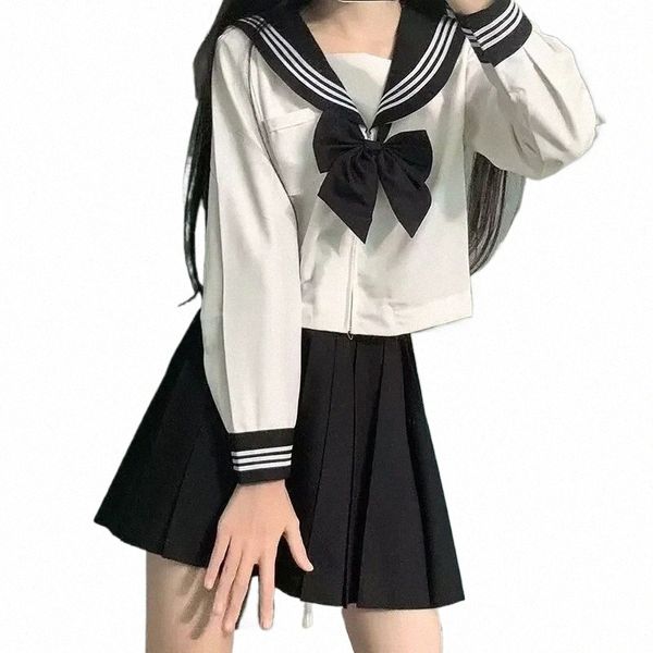 Uniforme scolaire japonais pour filles, grande taille, costume Jk, cravate noire, blanc, uniforme de marin de base, costume à manches Lg pour femmes, t68z #