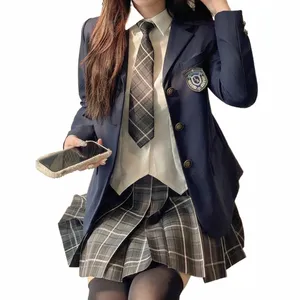 Uniforme scolaire japonais JK Costume Filles LG Blazer Cravate Jupe à carreaux Chemise blanche Médaille Cinq pièces Femmes Sexy Printemps et Automne Costume P7qa #