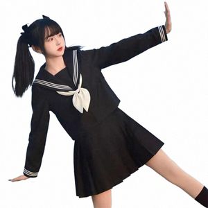 Uniforme scolaire japonais Style S-3XL Étudiant Filles Costume Marine Femmes Sexy Noir Jk Costume Sailor Lg Manches Top Jupe Plissée Ensemble t8Zi #