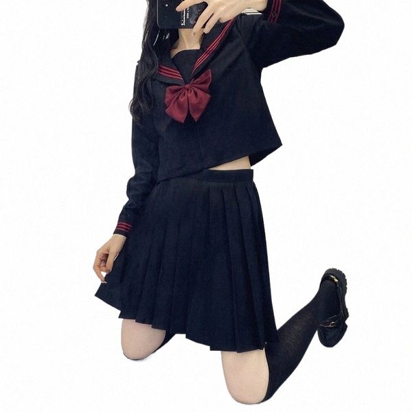 Costume d'uniforme scolaire japonais Sailor JK S-2XL Basic Carto Girl Navy Sailor Uniforme Ensembles noirs Navy Costume Women Girl Costume K4au #