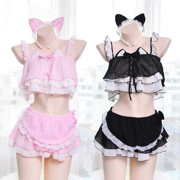 Disfraz japonés Sexy para mujer, Cosplay de gato, lencería Lolita, delantal bonito Kawaii, traje de sirvienta para mujeres y niñas, ropa de Stripper, ropa de baile Y0911