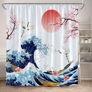 Rideaux de douche japonais fleur de cerise rose montopopus blanc grue mer vagues paysage tissu de salle de bain décoration de salle de bain avec crochets