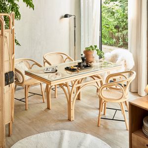 Mesas de comedor de madera sólida japonesa Tablas de villas del restaurante del hotel casero Mesa de comedor y silla de comedor de ratán natural retro Z